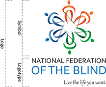 The square version of the National Federation of the Blind logo and tagline with symbol, logotype, and full logo delineated.